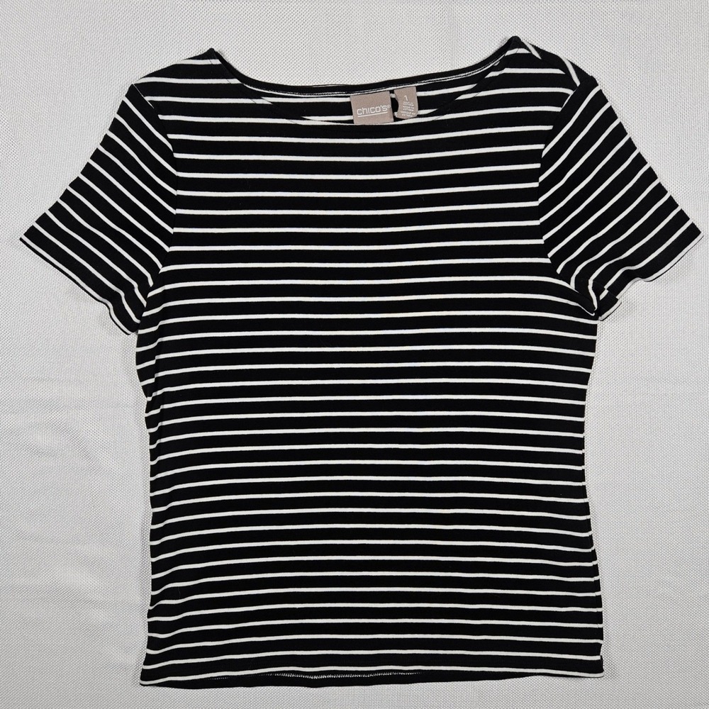 Chicos Black & White Stripe Round Neck Short Sleeve T Shirt Top Size 1 Cotton